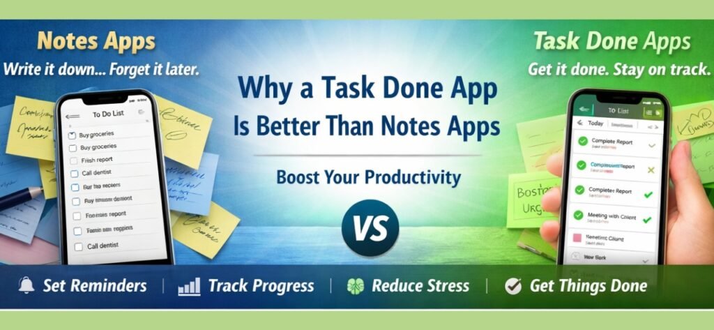 Notes apps store tasks. Task Done apps help you finish them. Learn why switching improves focus, reminders, and real productivity.